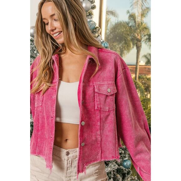 BiBi Vintage Washed Distressed Front Hem Relaxed Fit Corduroy Jacket | Fuchsia - Picture 4 of 7